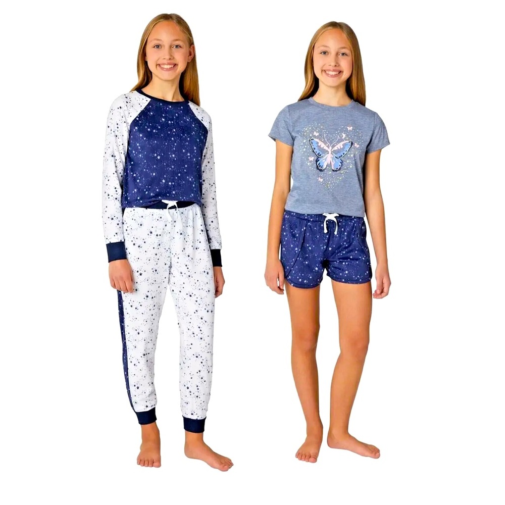 Girls BCBG youth 4 piece sleep set. Blue and white. NWT. Size M 10-12